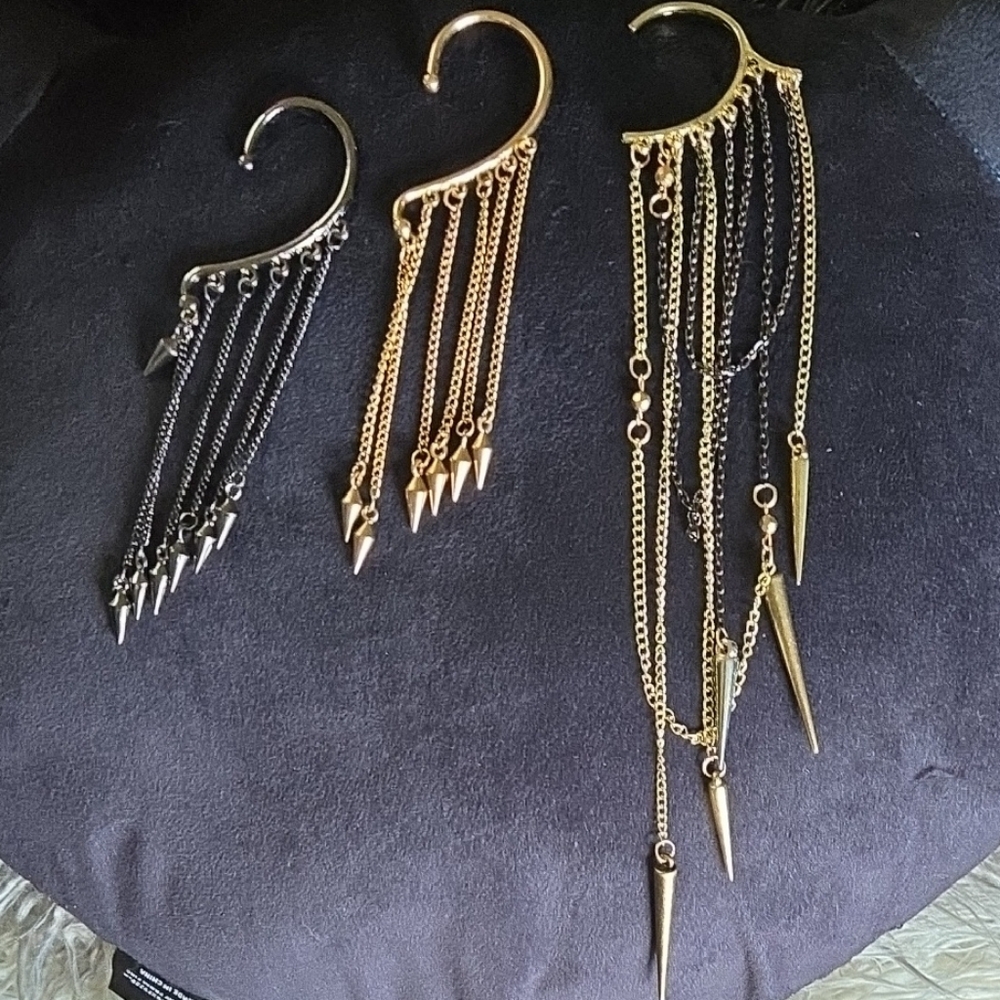 Gold And Black Spikes Dangley Ear Cuffs